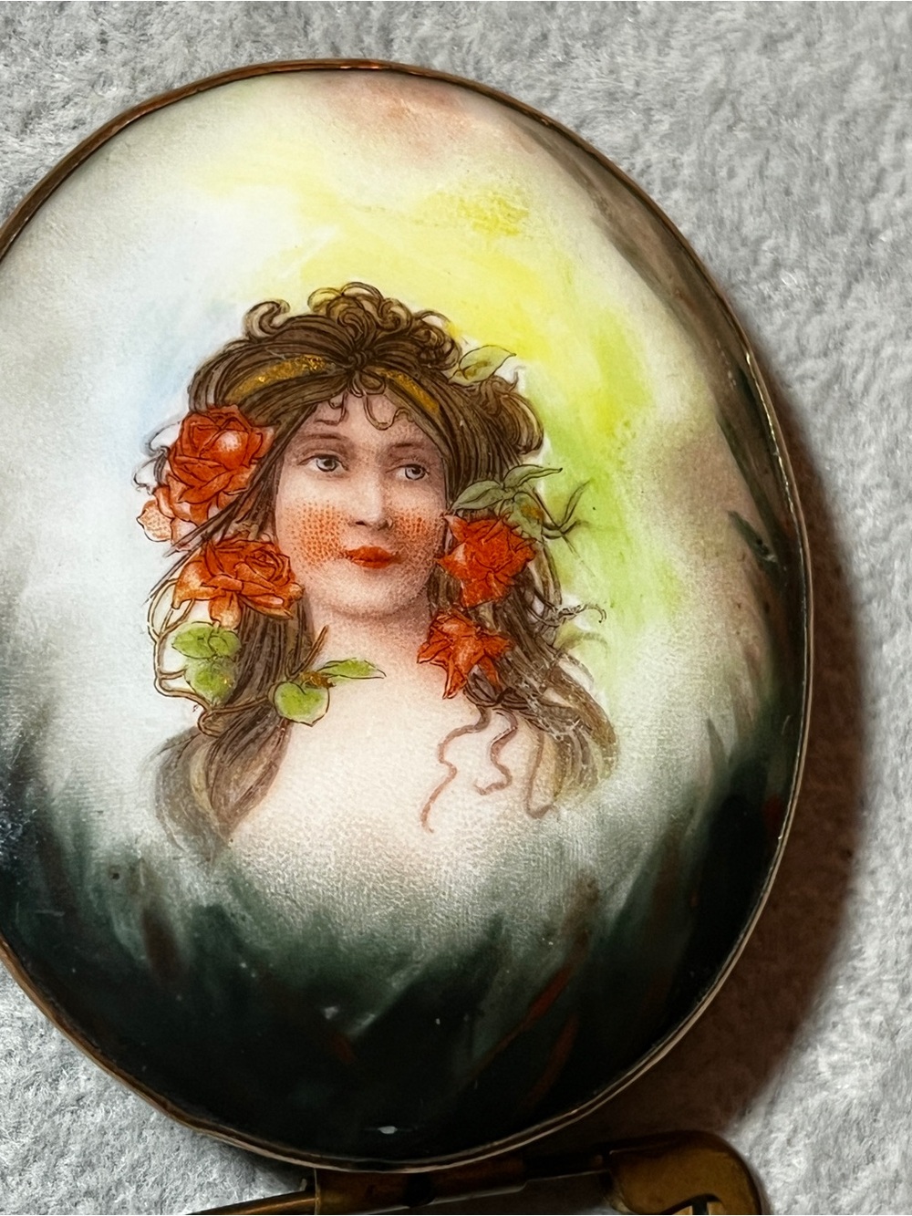Vtg porcelain Painted Cameo Limoges Brooch Victorian Edwardian 2.75” Ribbon Clip